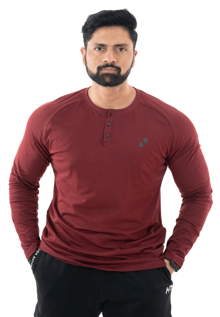 Maroon Full Sleeves Henley Tee - HNAthleisure