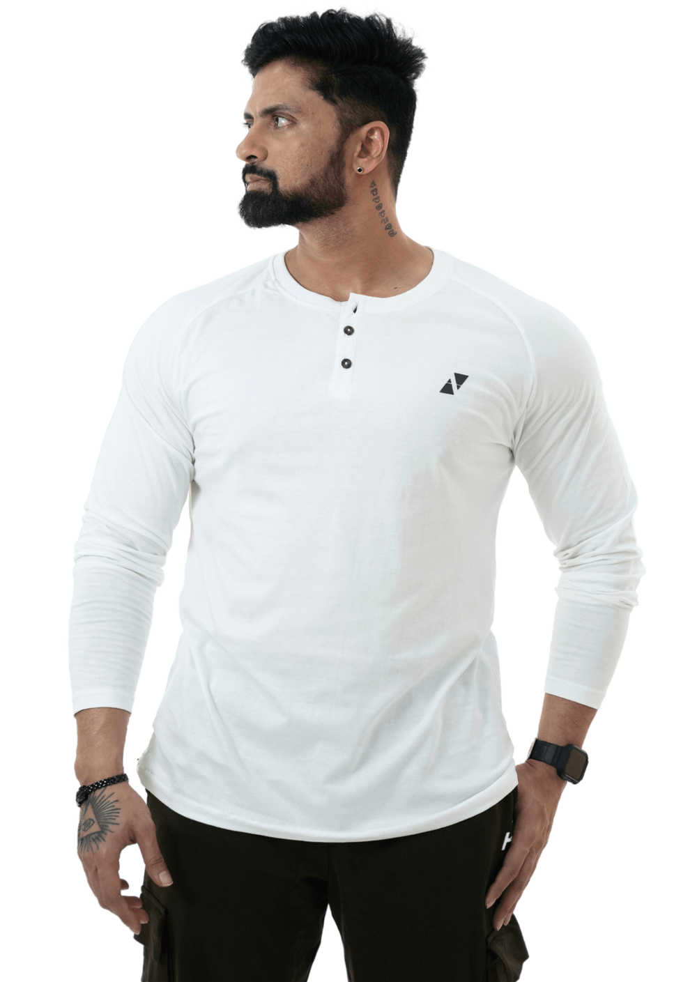 White Full Sleeves Henley Tee - HNAthleisure