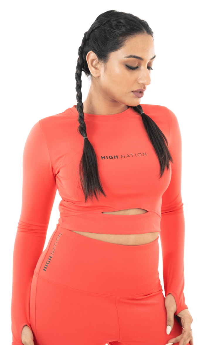 Hot Coral Orange Thumb hole Crop Top - HNAthleisure
