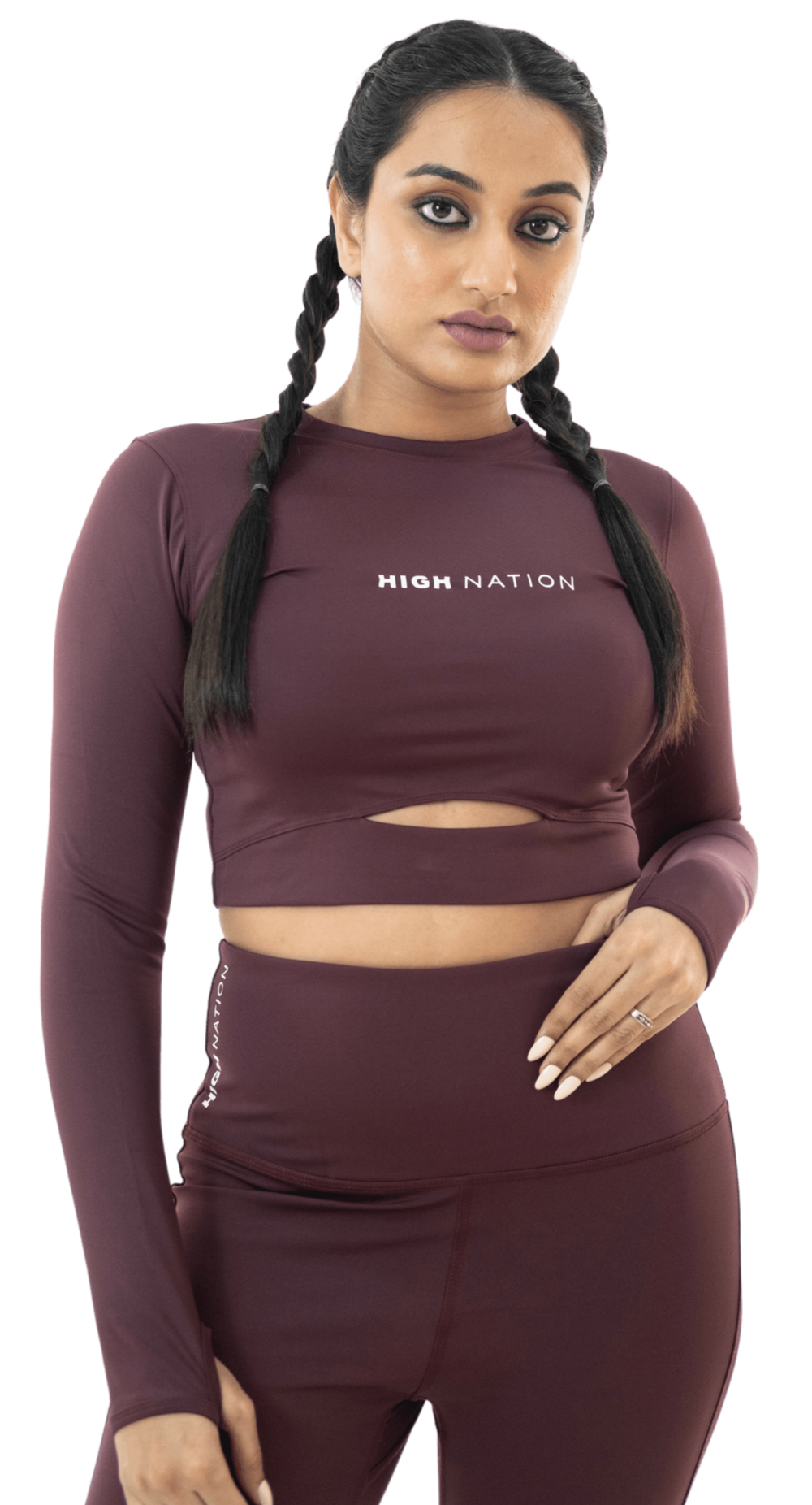 Wine Red Thumb hole Crop Top - HNAthleisure