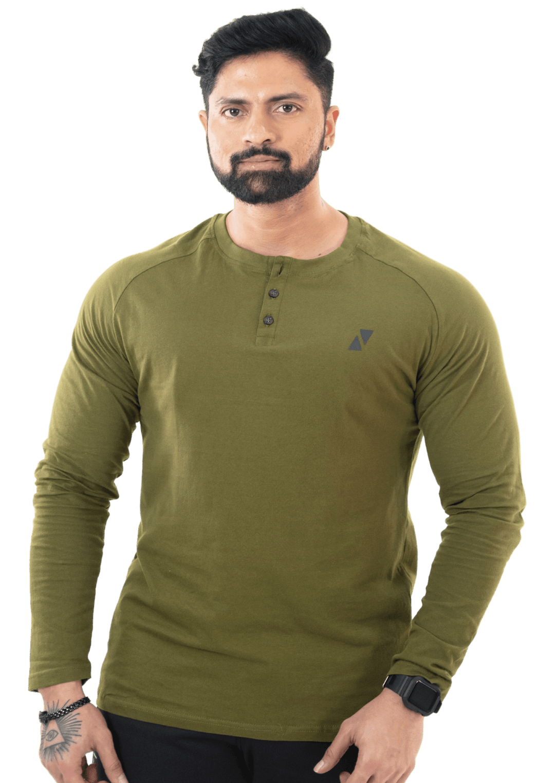 Olive Green Full Sleeves Henley Tee - HNAthleisure