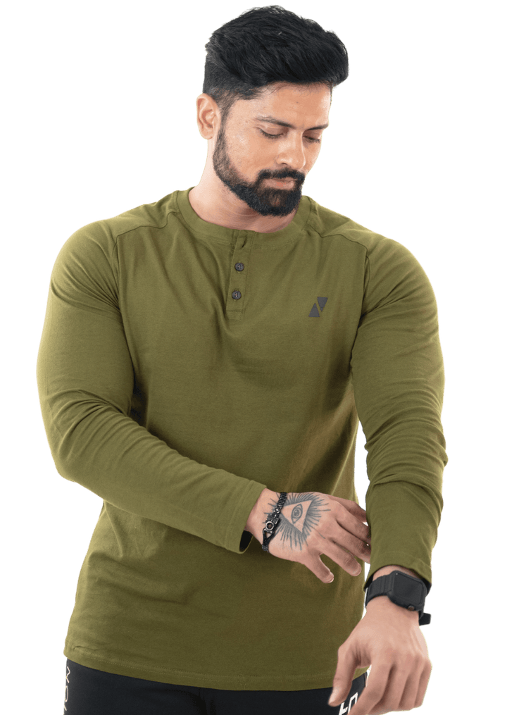 Olive Green Full Sleeves Henley Tee - HNAthleisure