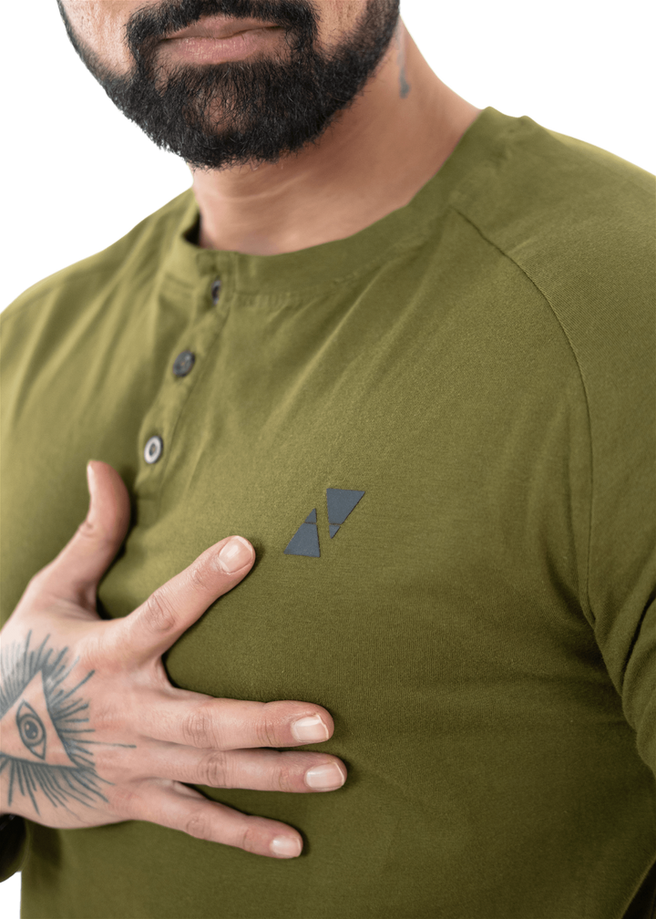 Olive Green Full Sleeves Henley Tee - HNAthleisure