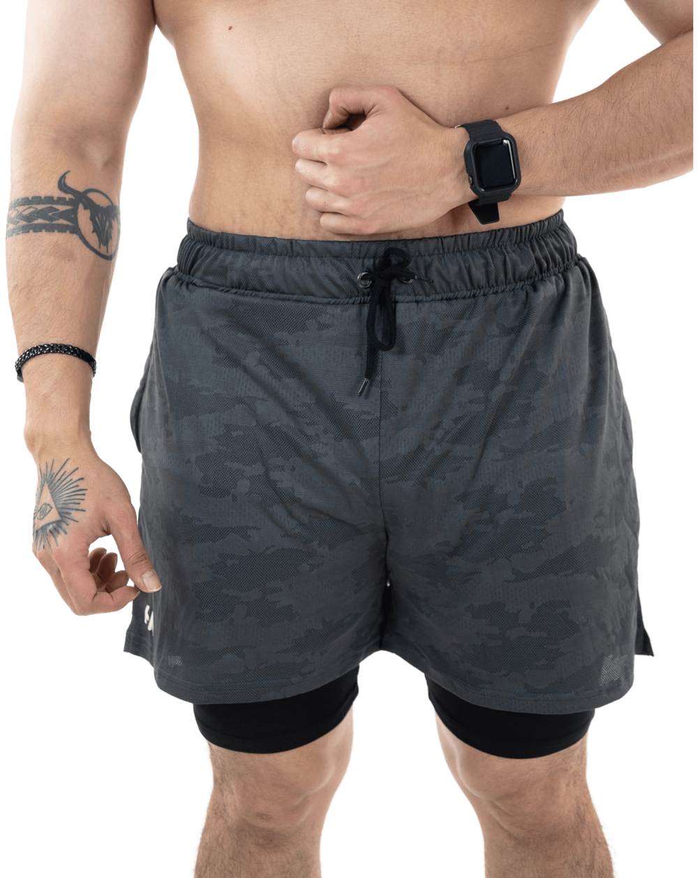 Double Layer Shorts- Grey Performance Gym Shorts - HNAthleisure